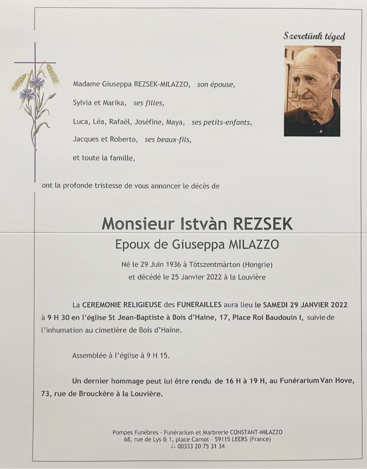 Avis de décès  Pompes funèbres Constant Milazzo à Leers